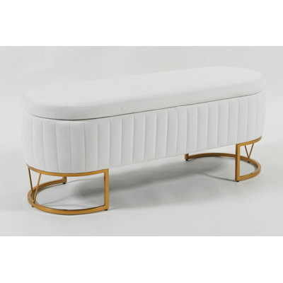 Banc de rangement ovale en velours avec pieds en métal - Banc de chambre rembourré, repose-pieds avec rangement moderne pour salon, entrée ou chambre à coucher (IVOIRE)