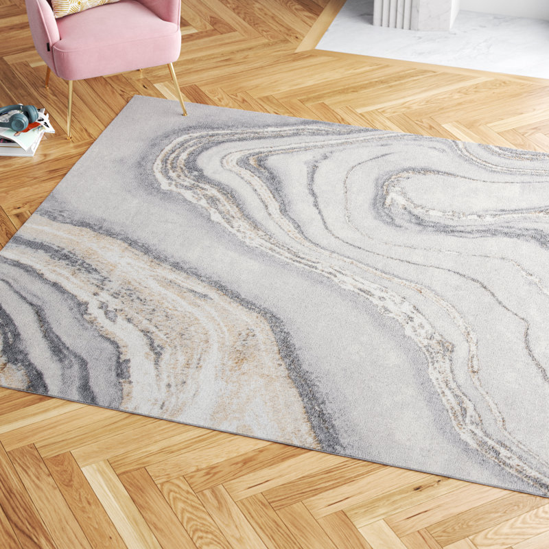 Tapis abstrait gris / or / blanc Katelin, Rectangle de 10 pi x 14 pi