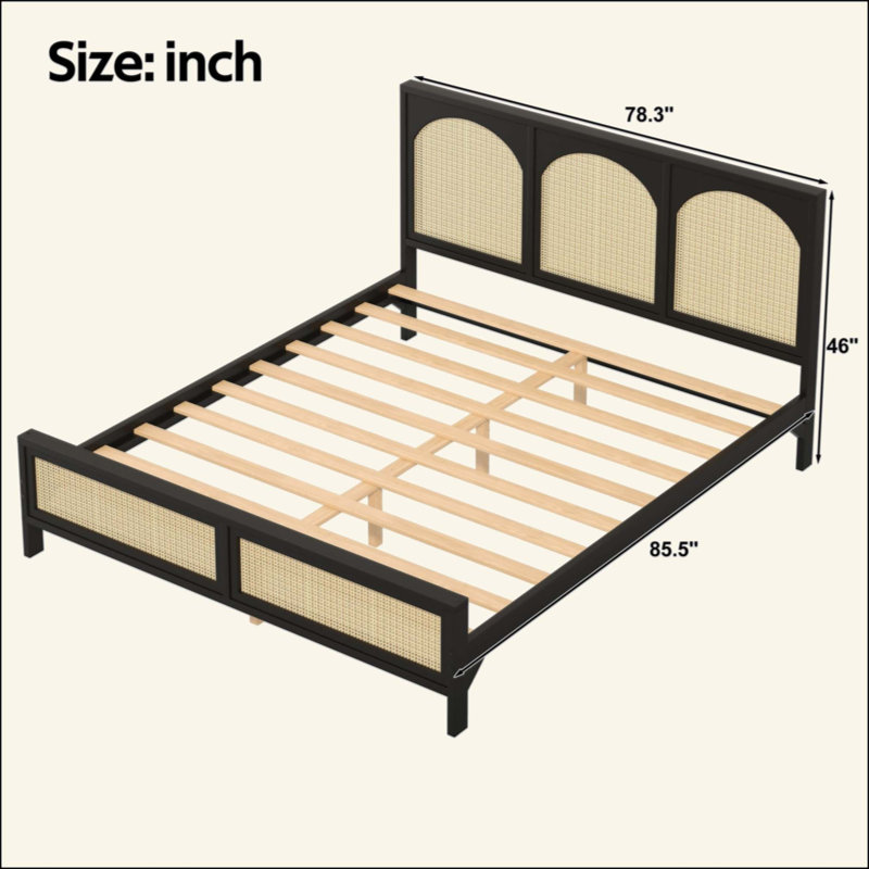 Lit plateforme en bois avec tête et pied de lit en rotin, Noir, Très grand lit