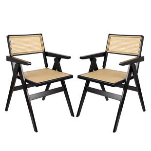 Set Of 2 Rattan Dining Chairs With Armrests, Foldable Design