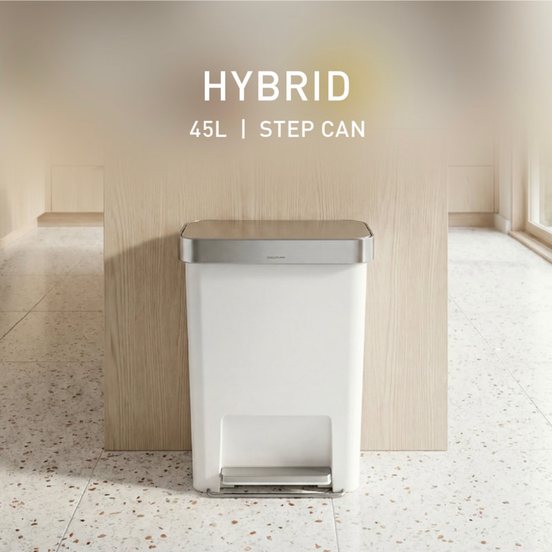 Simplehuman 45 Liter / 12 Gallon Rectangular Kitchen Step Trash Can with Soft-Close Lid, Plastic, White