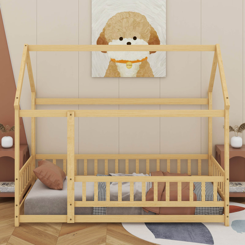 Lit en bois avec structure de toit et garde-corps de sécurité, Lit simple, Gris