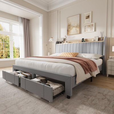 Très grande base de lit tapissier avec tête de lit et station de charge, base de lit plateforme avec tiroirs