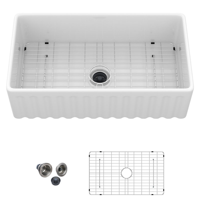 33" White Porcelain Apron - Front Reversible Sink, 33 X 18 10 Inches, Drain And Accessories Inch Single Bowl Kitchen Ceramic, Dish Grid