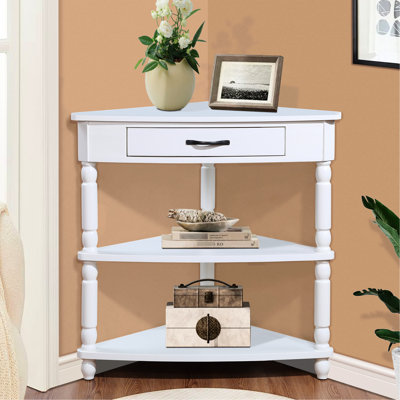 Table de coin compacte blanc laiteux, 33,8 po, avec des pieds en bois massif de 33,8 po, maximise l'utilisation de petits espaces
