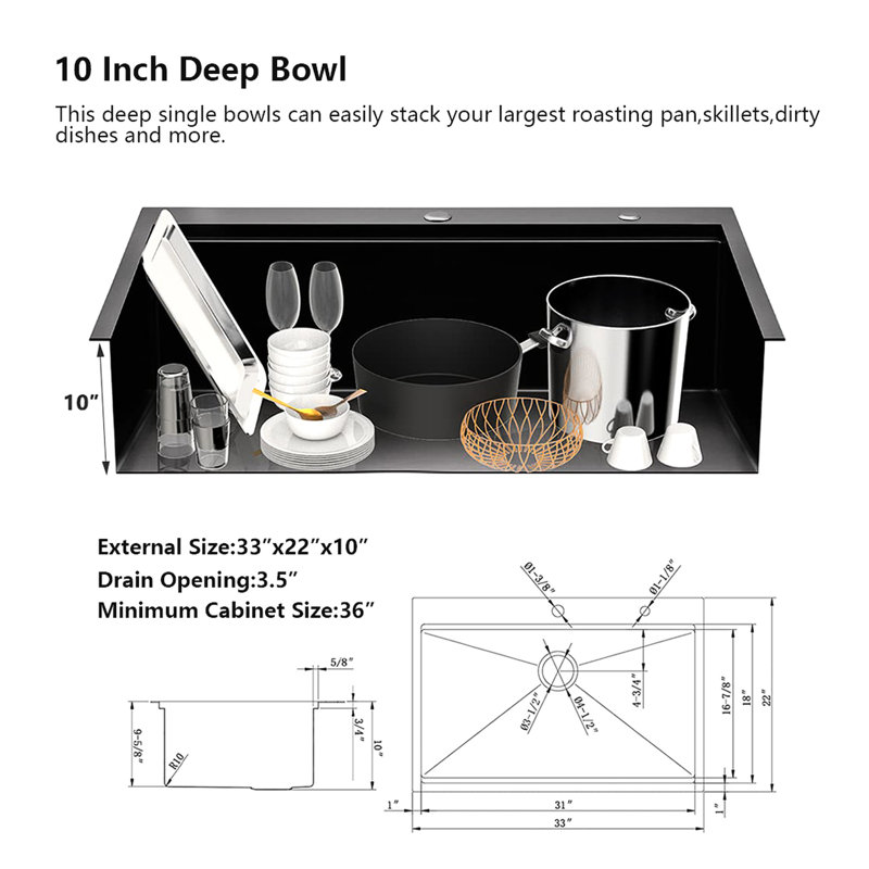 Évier de lavabo en acier inoxydable de 33 pouces avec rebord - Économie d'espace et économie de taches, Noir
