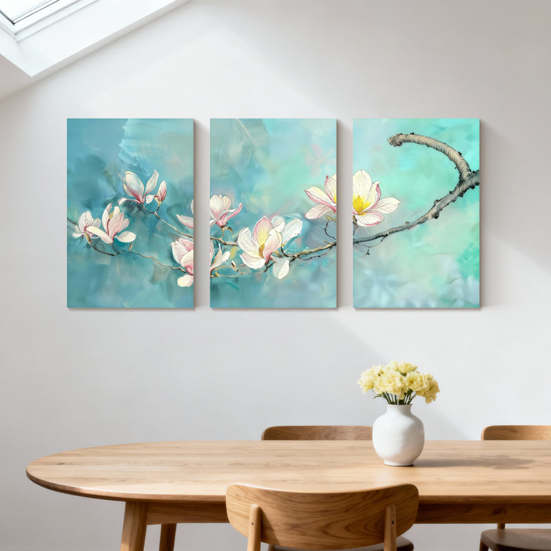 Magnolia Magnolia fleurs sur une branche avec fond doux, ensemble de 3 impressions d'art sur toile, H 30 po x l 60 po