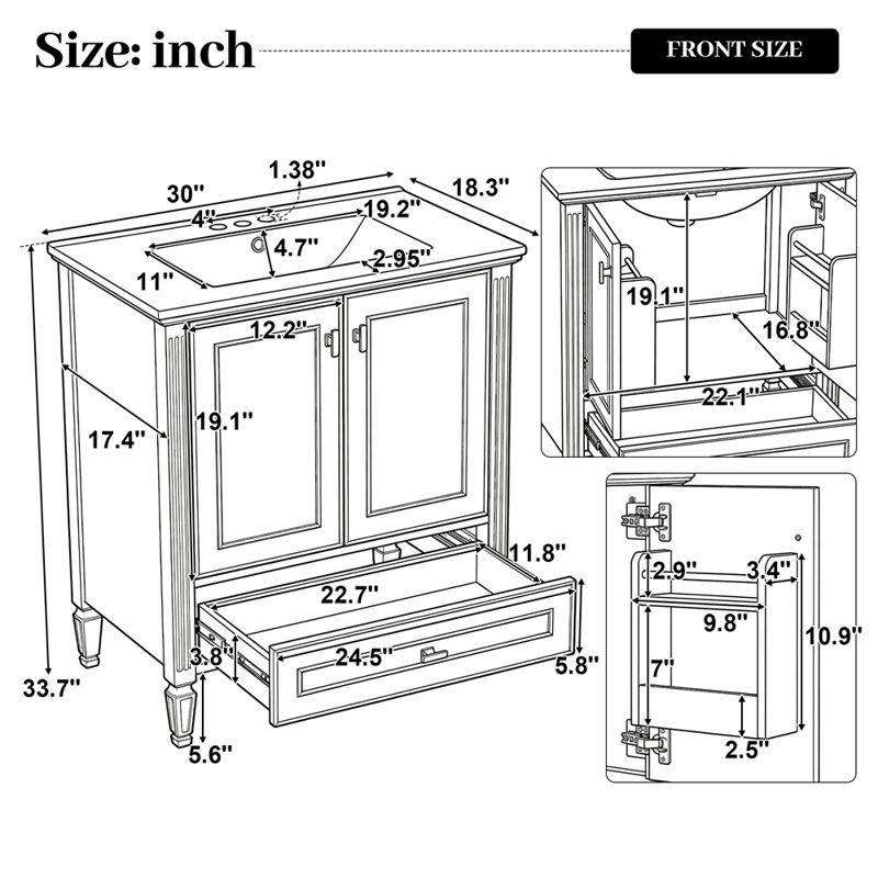 Meuble-lavabo de 30 po avec lavabo, meuble-lavabo autoportant avec 1 tiroir et 2 portes à fermeture en douceur avec rangement pour porte, structure et pieds en bois massif, un paquet