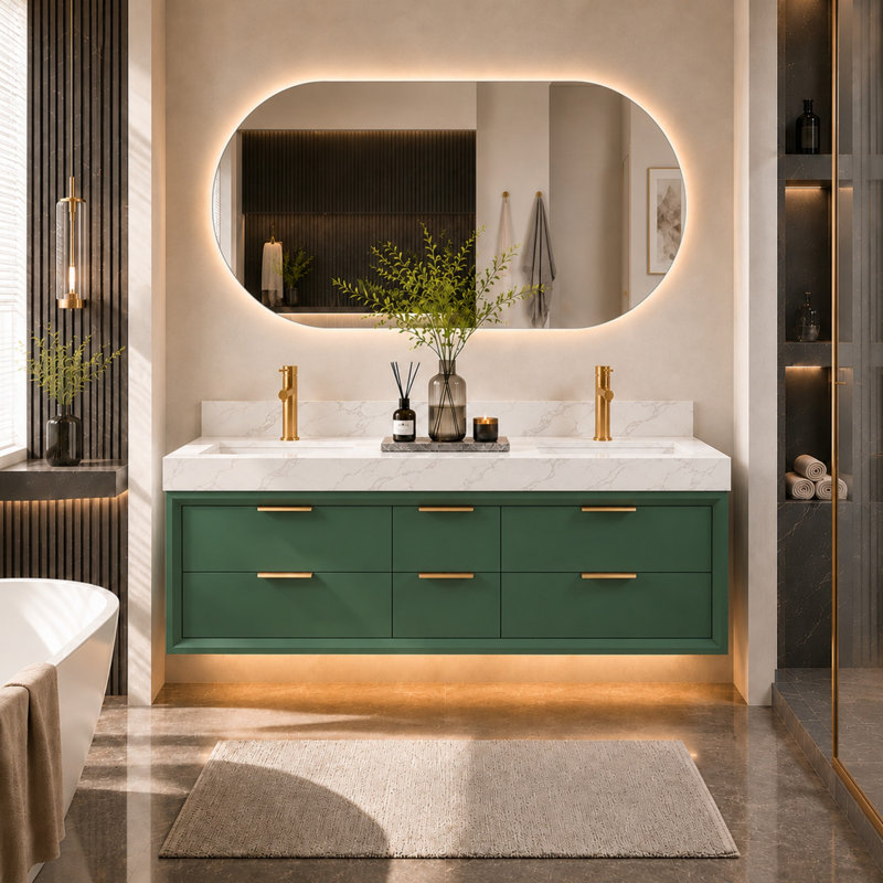 Ensemble de meuble-lavabo double 60 po avec lumière DEL, comptoir en pierre reconstituée, fabrication en bois massif et contreplaqué, 6 tiroirs à fermeture douce, meuble-lavabo flottant moderne Melora