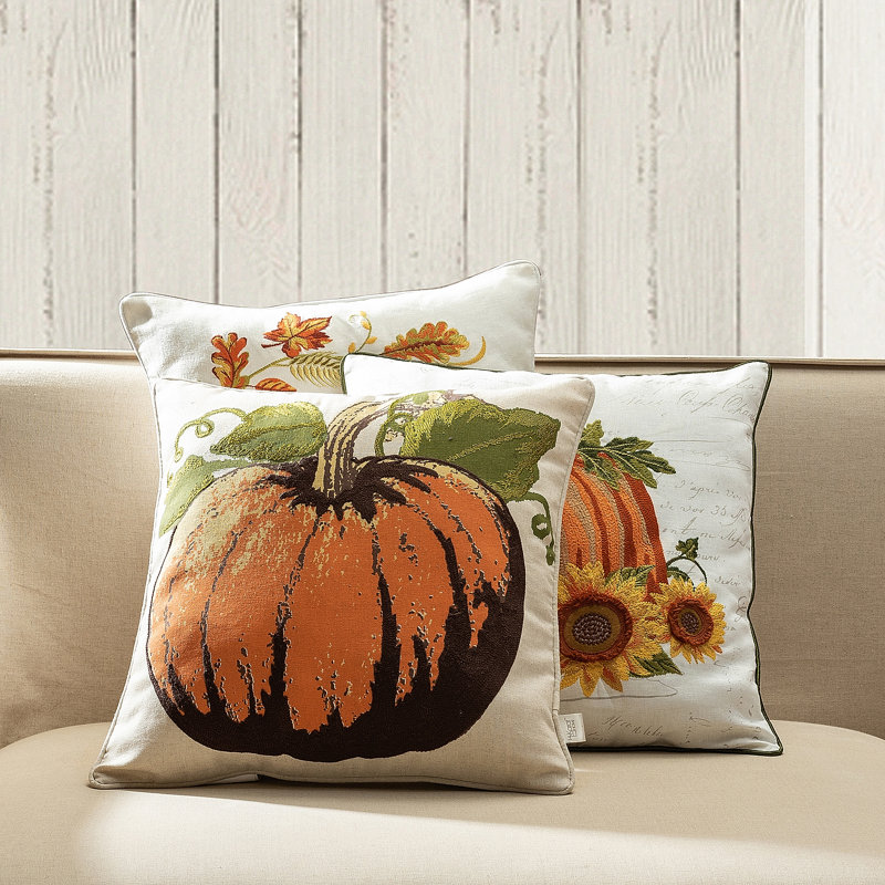 Autumn Harvest Embroidered Pumpkin Throw Pillow