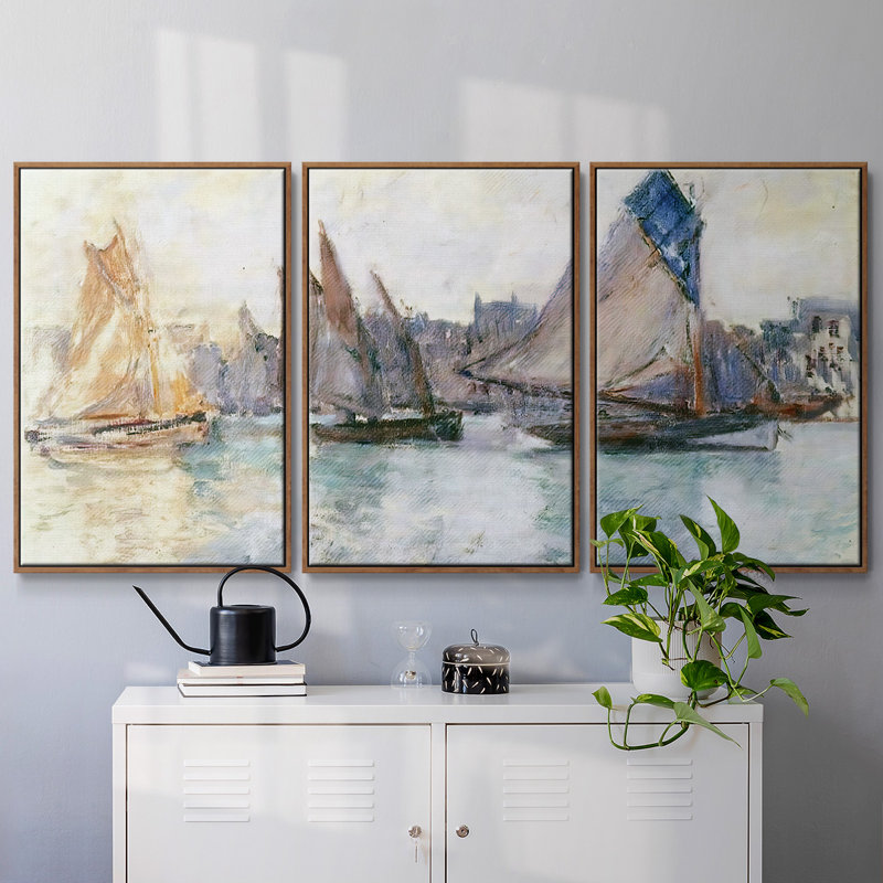 Bateaux dans le port du Havre, 1882, peinture sur toile 3 pièces, H 40 po x l 78 po, Cadre noyer