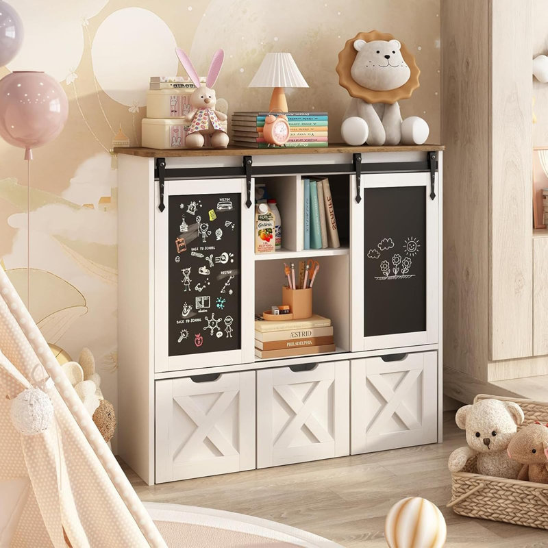 Rangement pour jouets avec tableau noir coulissant