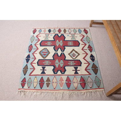 Handwoven Turkish Kilim Door Mat in Red Blue and Beige Tones with Geometric Tribal Pattern