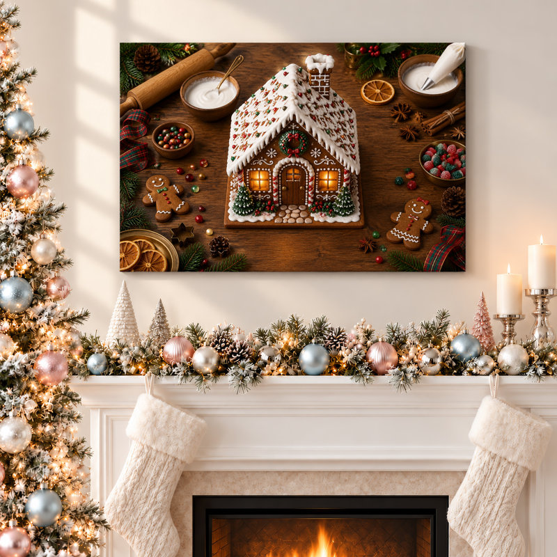 «Gingerbread House», art mural sur toile de Noël, H 20 po x l 30 po