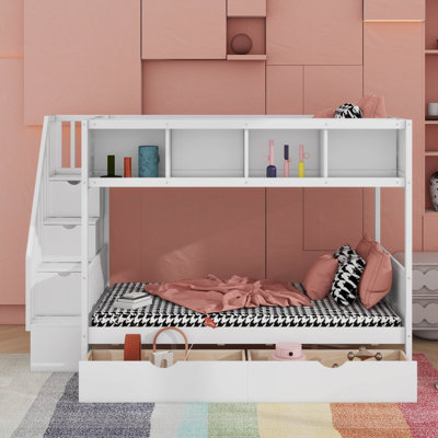 Twin Over Full Bunk Bed With Shelfs, Storage Staircase And Drawers