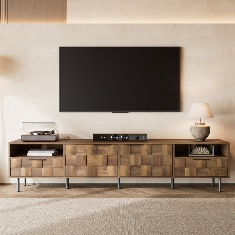 Meuble télé Mid-Century avec 2 tiroirs, console média pour téléviseur de 85 po ou moins, centre de divertissement avec beaucoup de rangement