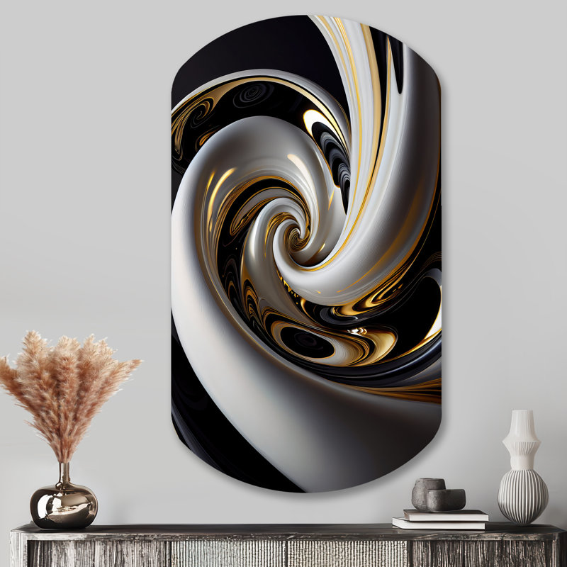 Or noir et blanc vitrail III - spirales abstraites, art mural en métal asymétrique, impression d'art moderne cylindrique
