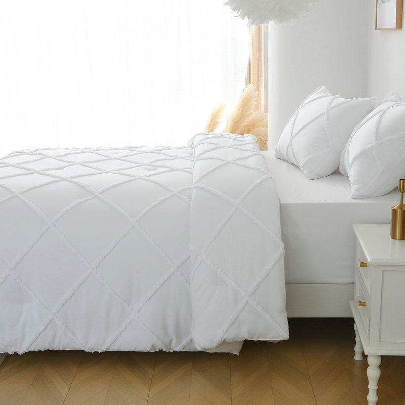 Comforter Set, 3 Pieces Boho Tufted Bedding Set White, Queen Comforter + 2 Pillowcases