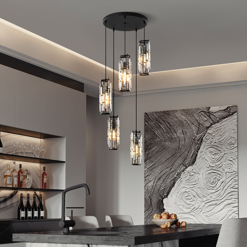 5 - Light Cluster Cylinder Dimmable Pendant with Crystal Accents, Black, 5 Lights