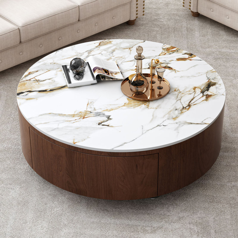 Table basse rustique ronde avec 2 tiroirs et plateau en pierre frittée