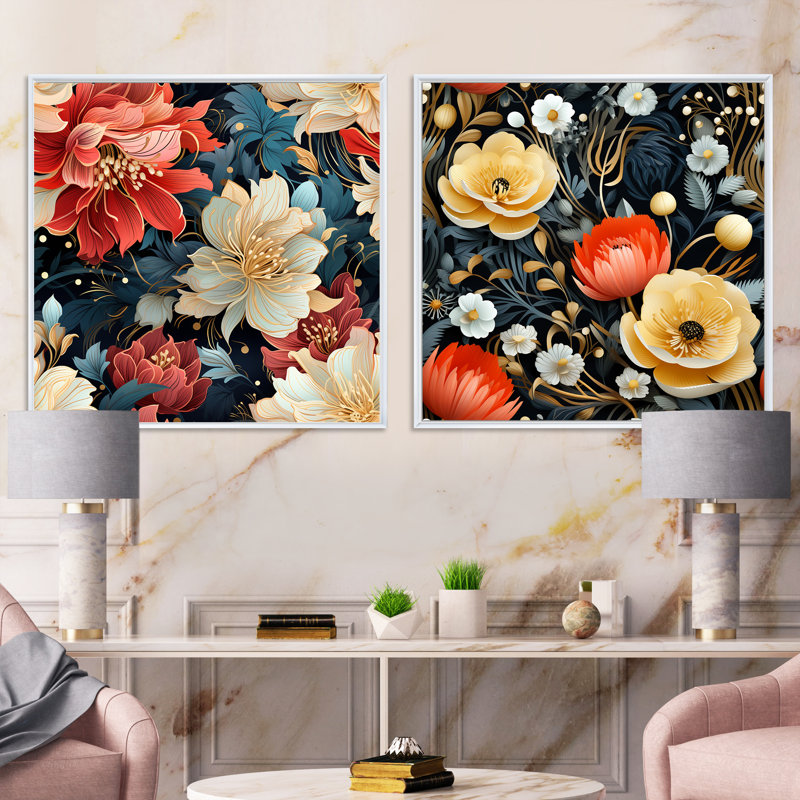 Ensemble de 2 collages floraux rouges et dorés à fusion contemporaine, Cadre flottant blanc, H 36 po x l 73 po