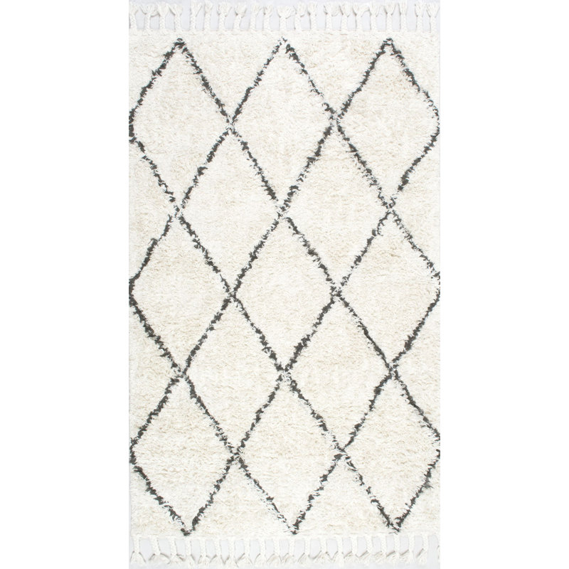 Twinar Geometric Hand Knotted Wool Off White/Dark Gray Shag Area Rug, Rectangle 4' x 6'