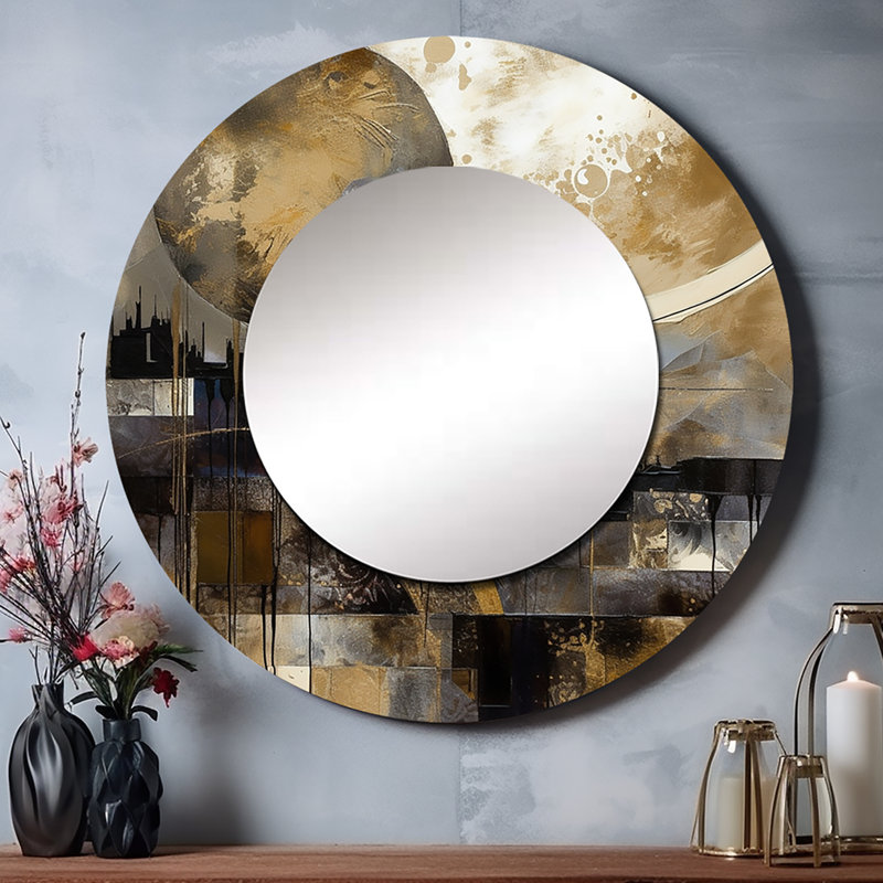 Soroosh Exploring The Evolving Golden Moon II - Landscape Large Mirror, Gold Round Unique Wall Mirror Decor, Printed Metal Art