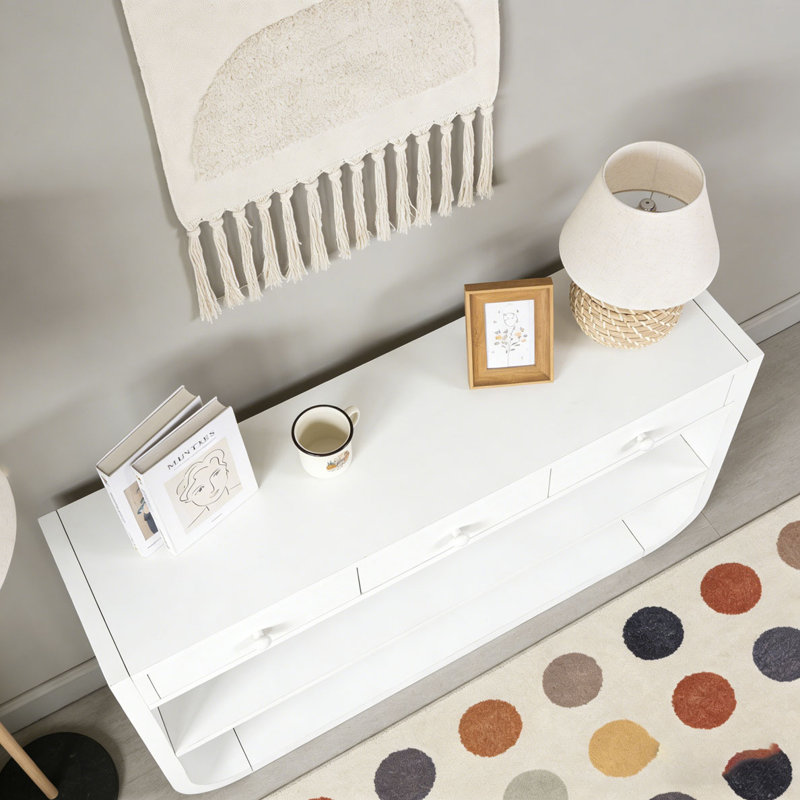 Console moderne avec 3 tiroirs à fermeture en douceur et 2 tablettes ouvertes, White