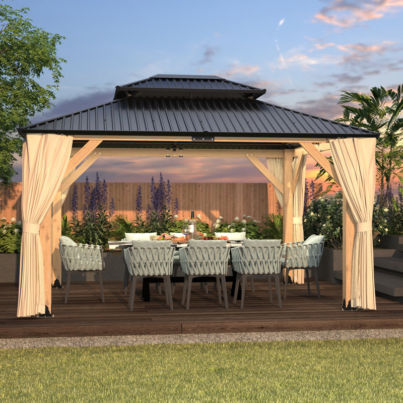 Wooden Patio Gazebo With Galvanized Steel Double Roof, Cedar Frame Pavilion For Garden, Lawn & Poolside (11x13 Ft)