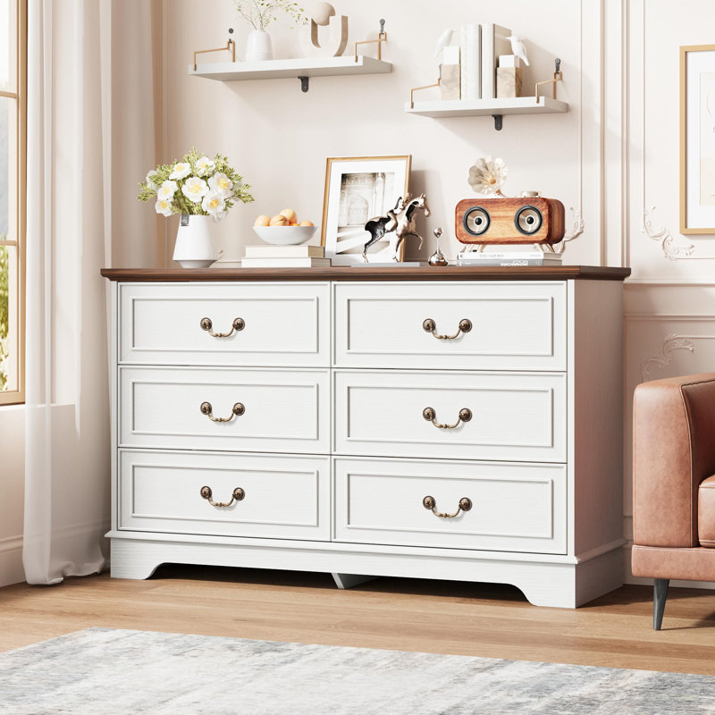 47 Inch Wide 6 Drawer Dresser – Double Vintage Chest of Drawers, Organizer for Bedroom, Living Room, Hallway, Entryway (White and Brown)