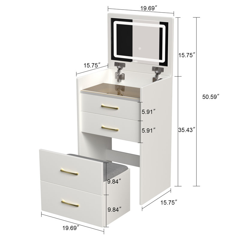 Bureau de coiffeuse 3 en 1 avec miroir ouvert, petit ensemble de coiffeuse avec bureau en verre visible, coiffeuse de maquillage compacte avec 3 tiroirs, coiffeuse pour chambre à coucher