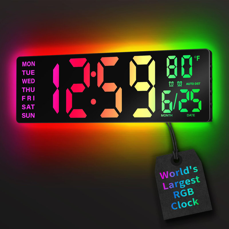 Grande horloge murale numérique 16,5 po avec synchro BT, lumières RVB avec télécommande en mode 11 scènes, double alarme avec grand affichage à DEL, DST automatique, température pour les jeux en classe