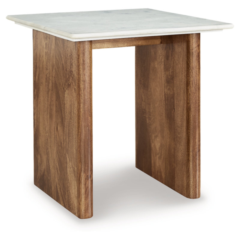 Light Brown and White Mango Wood End Table with Marble Top