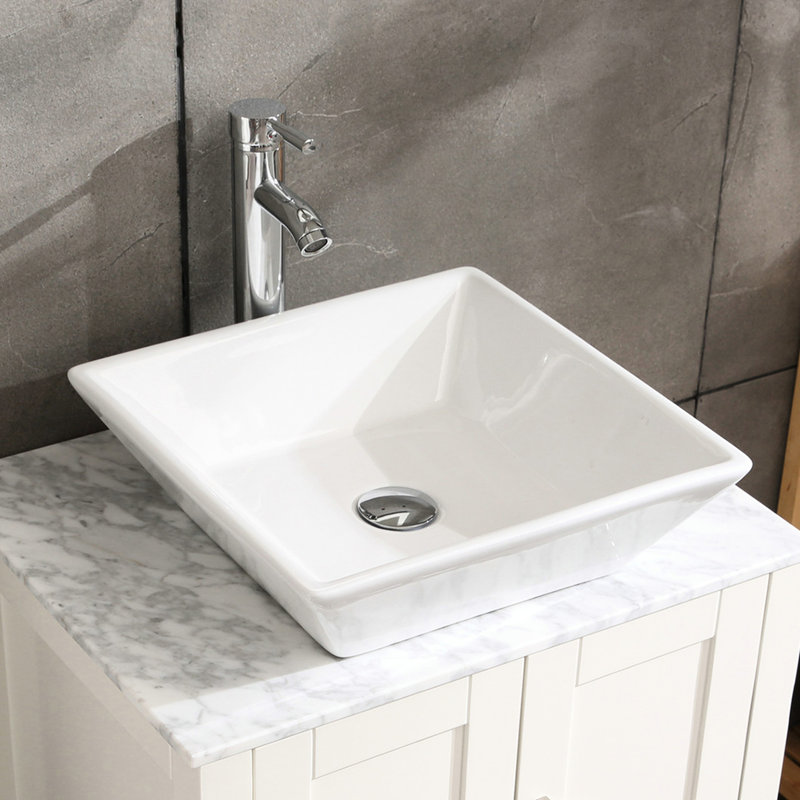 Lavabo de salle de bain carré en céramique 16,5 po, blanc, avec vasque de fabrication professionnelle en céramique blanche, charnières tampons silencieuses