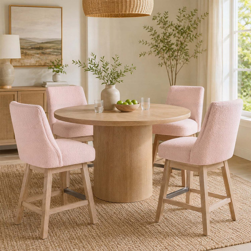 Ensemble de 2 tabourets de bar pivotants à 360 °, comptoir de 26 po avec dossier, tissu Boucle de style Mid-Century, pieds en bois, rose