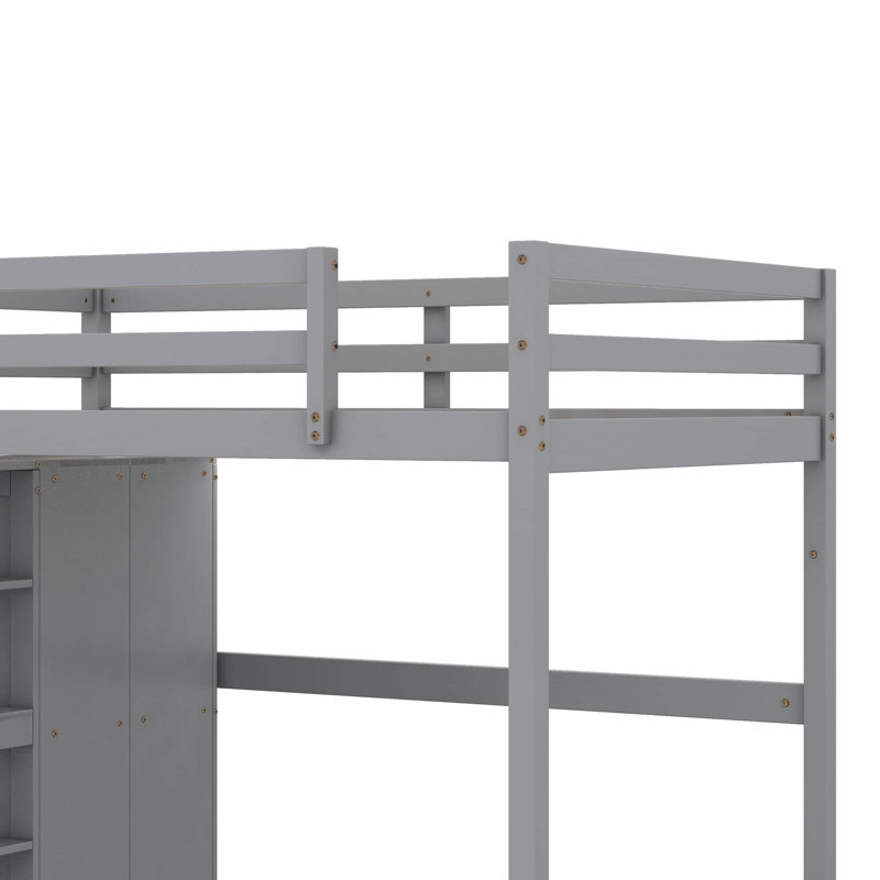 Lit mezzanine en bois pleine grandeur avec garde-robe, tablettes et lumière DEL, gris