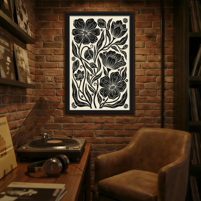 Plantes et fleurs à motif floral noir sur fond crème