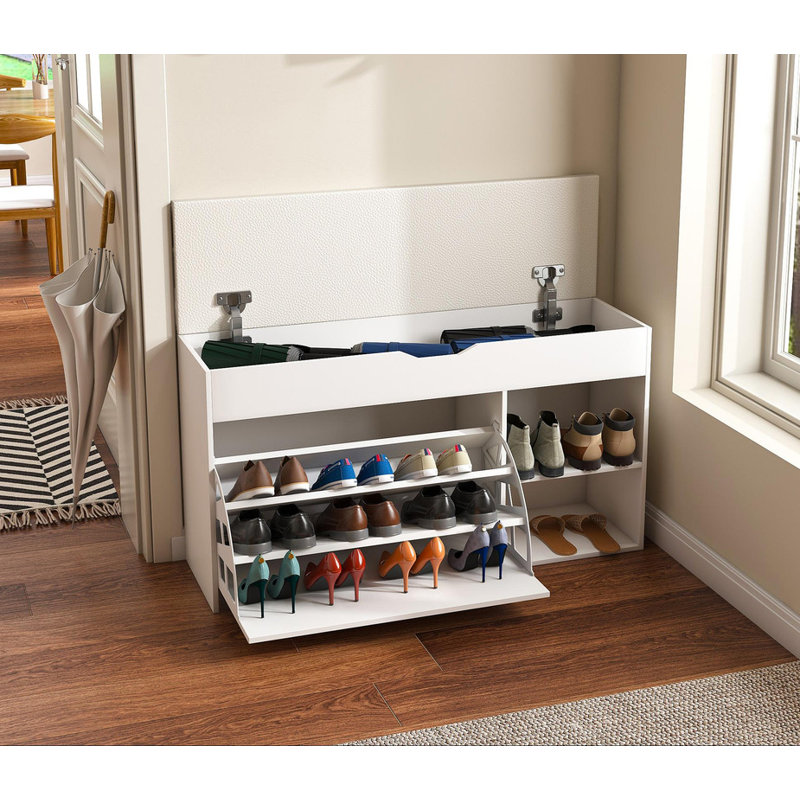 Entryway Bench with Shoe Storage,Adjustable 3-Tier Flip-Up Drawers & Hidden Cabinet,Space-Saving Shoe Organizer,Triple Storage and Modern Design,for Hallway and Living Room,White