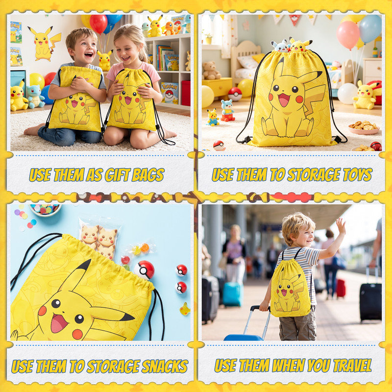 Pochette de bonbons pokémon, 12 pièces de sac à cordon de pokémon pour ensemble de décorations de fête d'anniversaire