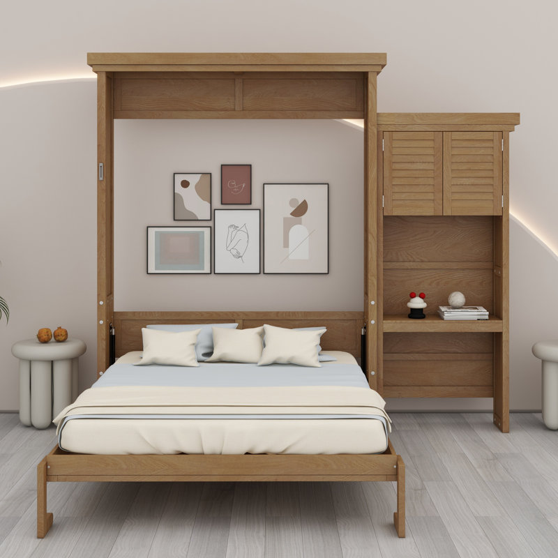Murphy Bed With Storage Shelves And Louvered Style Decoration, Wood Color