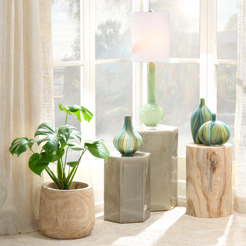 Leaf Green Glass Table Lamp with White Linen Shade