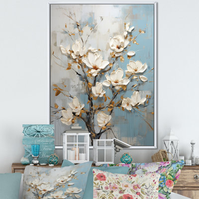 Fleurs de magnolias bleues et blanches sur toile