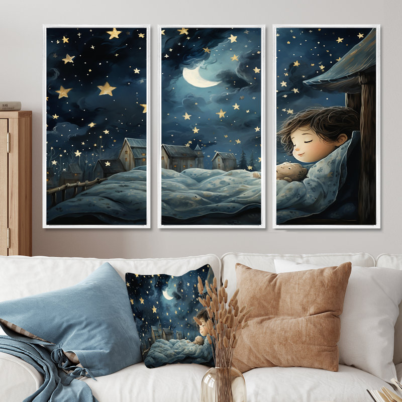 Blue Childness Haven Nursery II - art mural de chambre de bébé, H 28 po x l 36 po, Cadre flottant blanc
