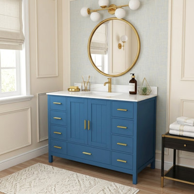 42.1" Modern Solid‑Engineered Wood Blue Bathroom Vanity with Sink, 43.1" Carrara White Sintered Stone Countertop, 9 Drawers & 2 Soft‑Close Cabinet Doors