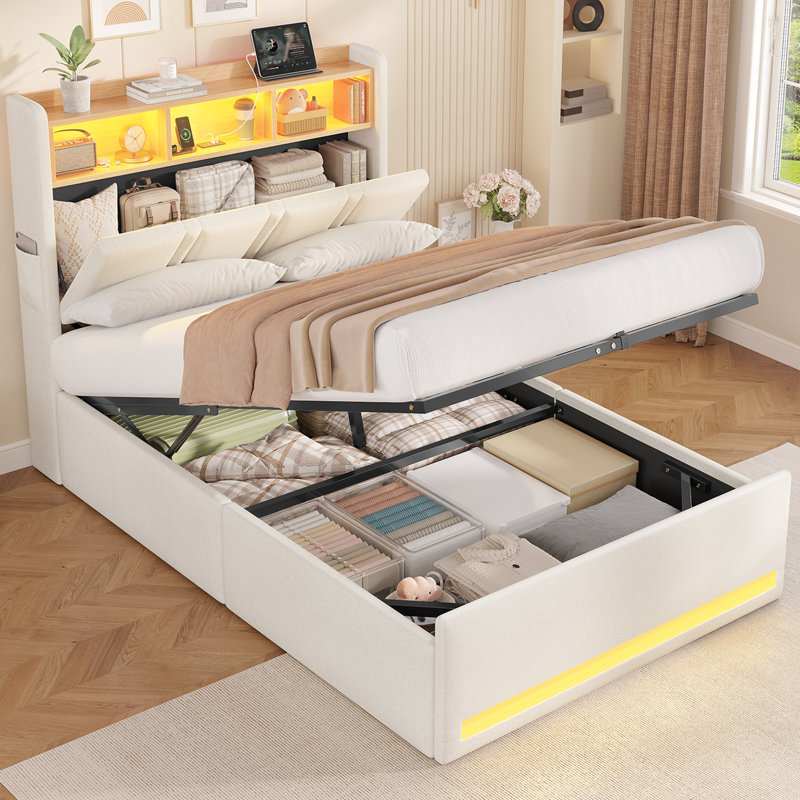 Annalysse 90x190 cm Single Bed with Lift-up Storage, Adjustable LED lights, Charging station, Open shelving, Single-90x190 cm