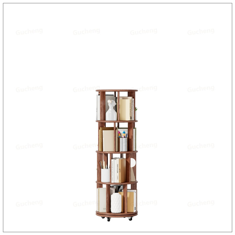 Solid Wood Rotating Bookshelf On Wheels, 4 Tier, Round Revolving Bookcase, 360° Spinning For Small Spaces And Corners