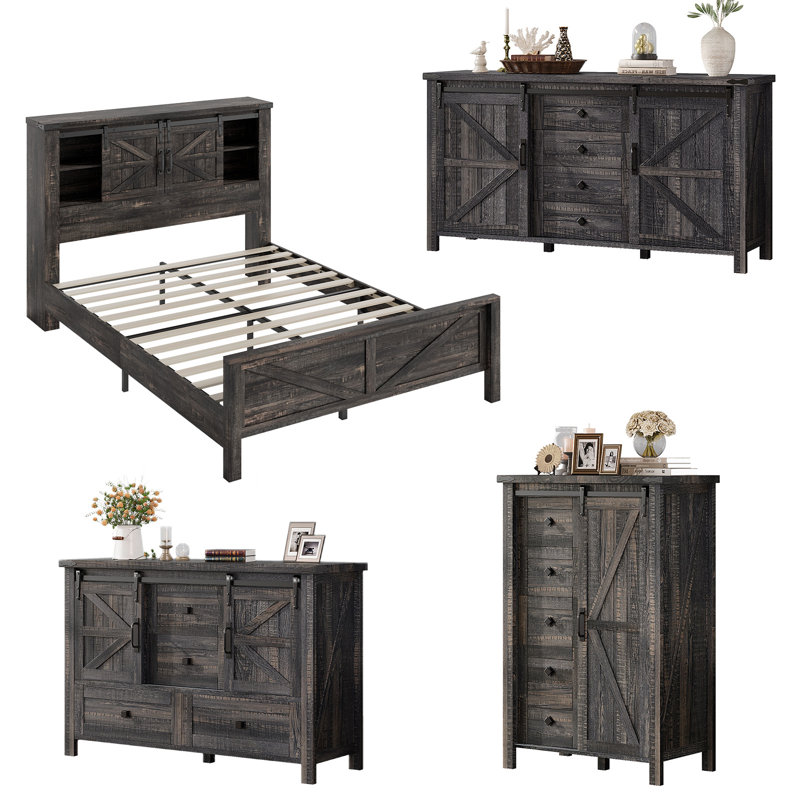  Ensemble de chambre à coucher de style campagne avec porte de grange 4 pièces, 4 pièces, chêne foncé, Chêne foncé, Double