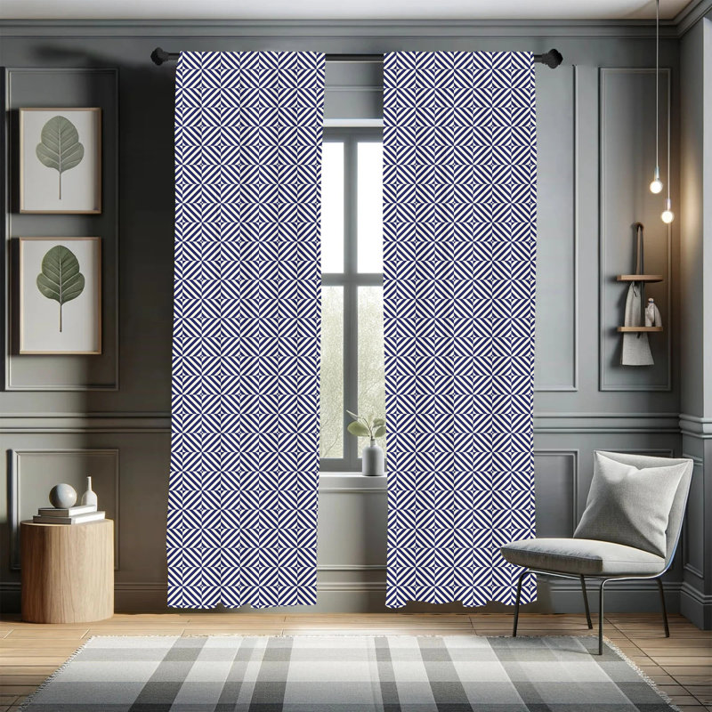Pale Blue and Dark Blue Geometric Polyester Curtain Panels