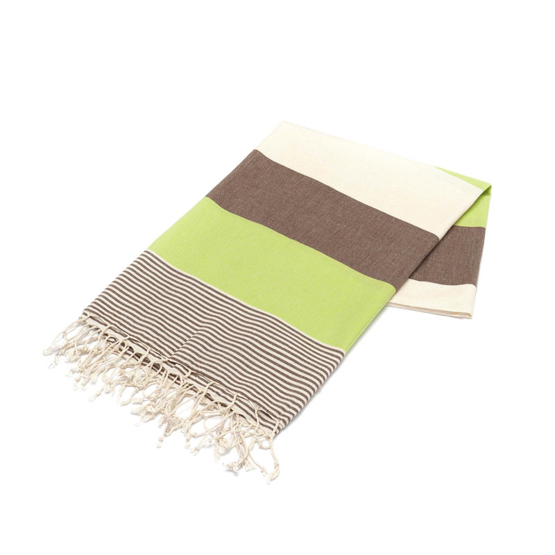 Serviette de plage 100% coton Clery, Vert / écru / brun
