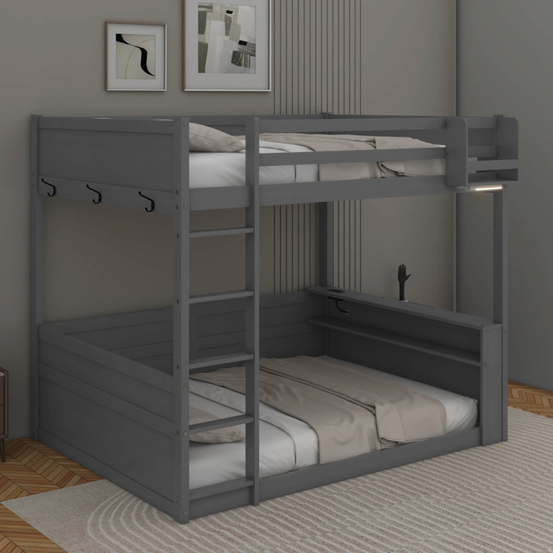 Queen Size Wooden Bunk Bed With Built-In Shelves,Storage Box,LED Light And USB Charging Station, Gray